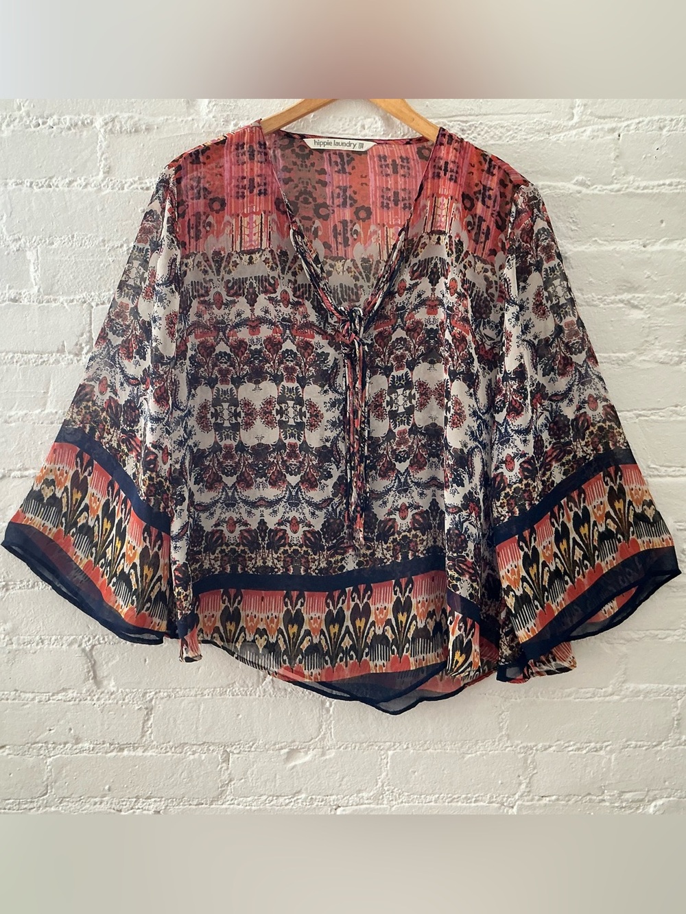 Boho Sheer Mixed Paisley Ikat Print Blouse Tie Neck Wide Sleeve Top Womens XL